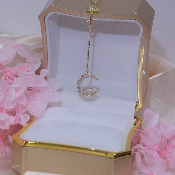 NEW 14K Gold Plated Diamond Crescent Moon Star Drop Necklace - Picture 6 of 6